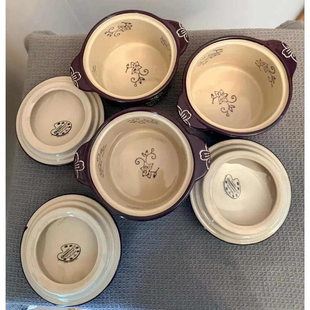 NewTemp-tations Set Of 3 Floral Lace Mini Pot Crock Covered Ramekin W/ Lids 8 oz